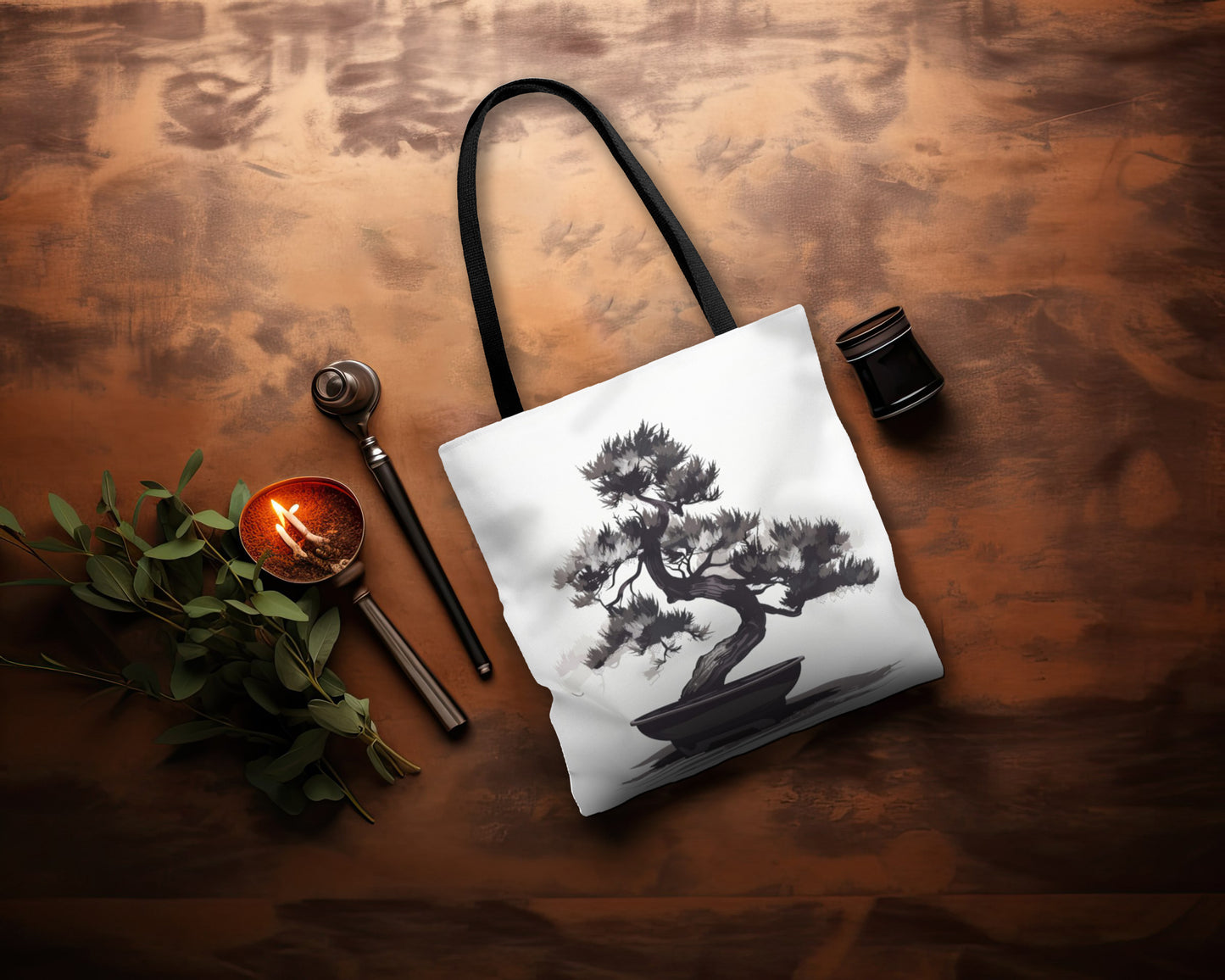 Chinese Ink Style Bonsai Tree Double Sided Tote Bag, Simple Minimalist Aesthetic, Zen Nature Fashion Style, Black Handles, 3 Sizes