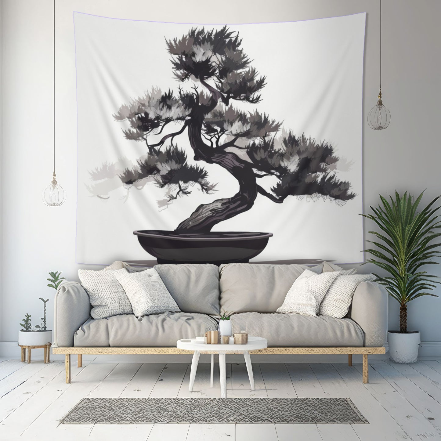 Chinese Ink Style Bonsai Tree Indoor Wall Tapestry, Simple Minimalist Aesthetic Altar Cloth, Zen Nature Style Living, Dorm & Bed Room Decor