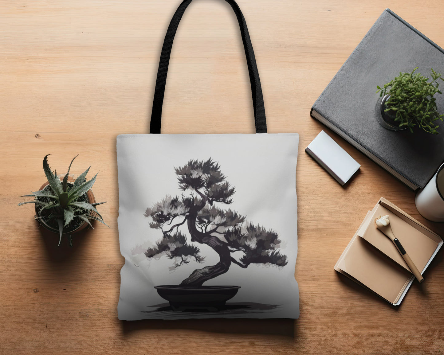 Chinese Ink Style Bonsai Tree Double Sided Tote Bag, Simple Minimalist Aesthetic, Zen Nature Fashion Style, Black Handles, 3 Sizes