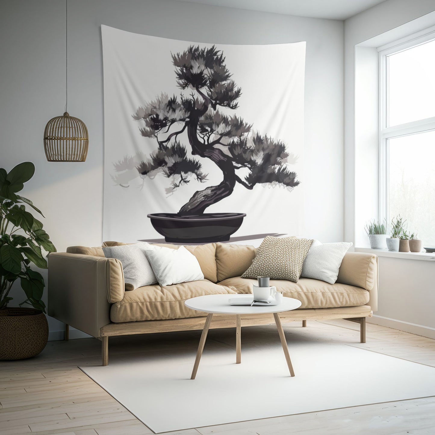 Chinese Ink Style Bonsai Tree Indoor Wall Tapestry, Simple Minimalist Aesthetic Altar Cloth, Zen Nature Style Living, Dorm & Bed Room Decor