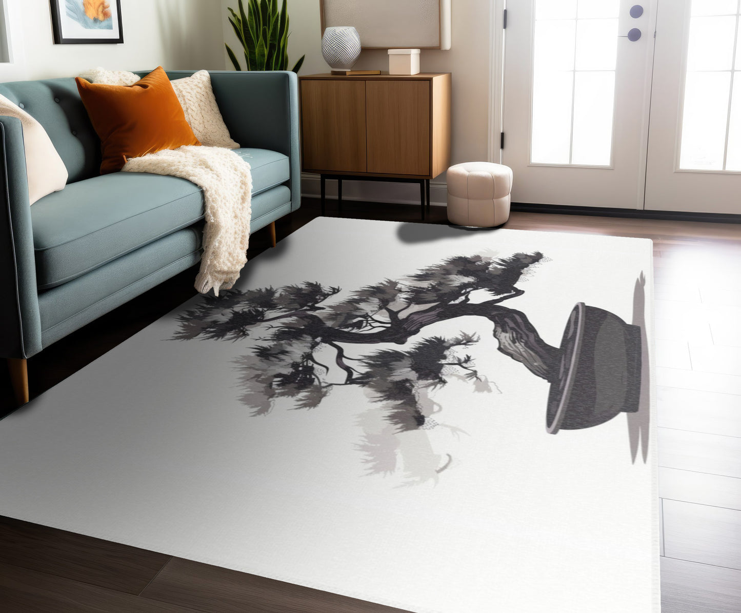 Chinese Ink Style Bonsai Tree Chenille Area Rug (3 Sizes), Simple Minimalist Aesthetic, Zen Nature Style Living, Dorm & Bed Room Decor