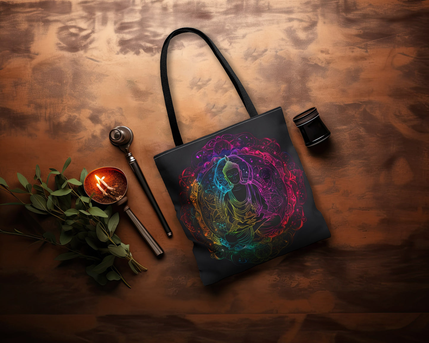 Buddha's Serene Mandala Double-Sided Tote Bag, Neon Enlightenment Motif, Spiritual Radiance, Zen Circle Design, Vibrant Meditation Accessory