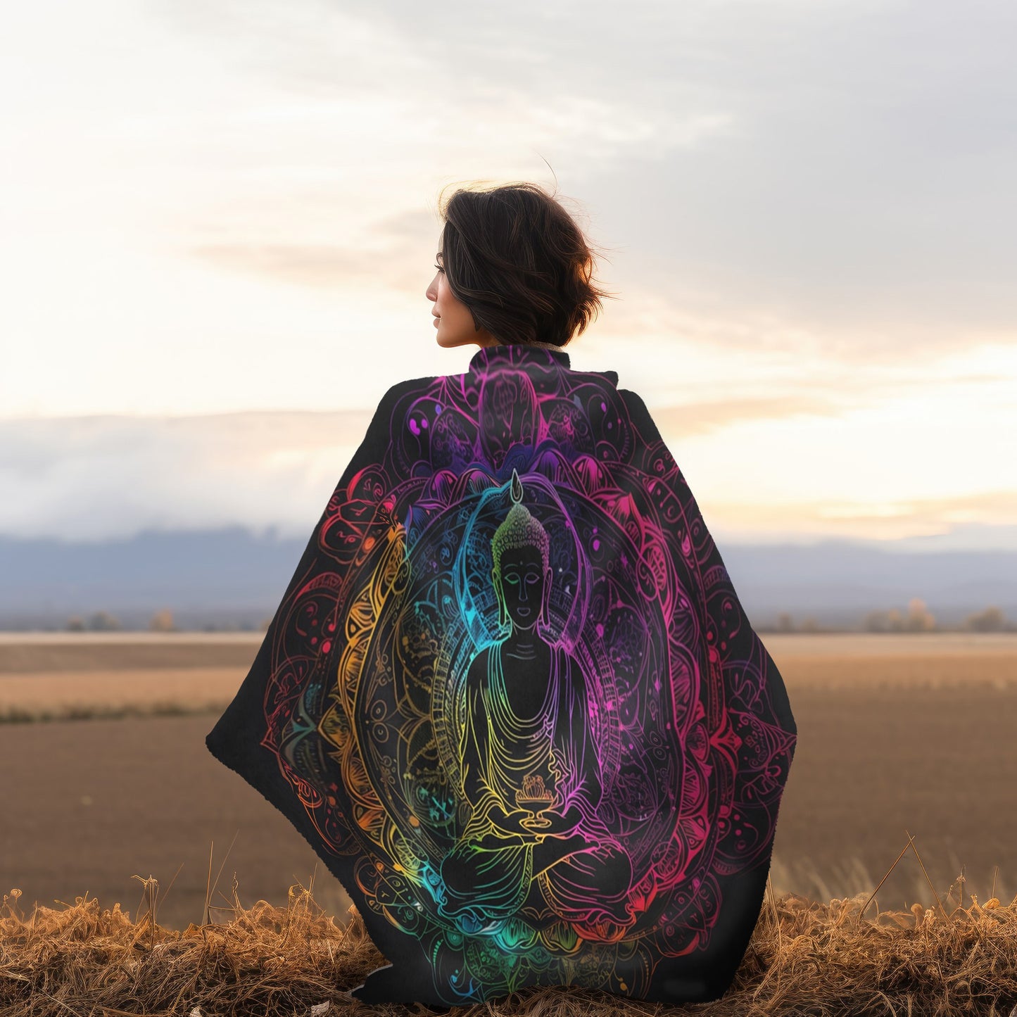 Buddha's Serene Mandala Double-Sided Throw Blanket, Neon Enlightenment Motif, Spiritual Radiance, Zen Circle Design, Vibrant Meditation Art