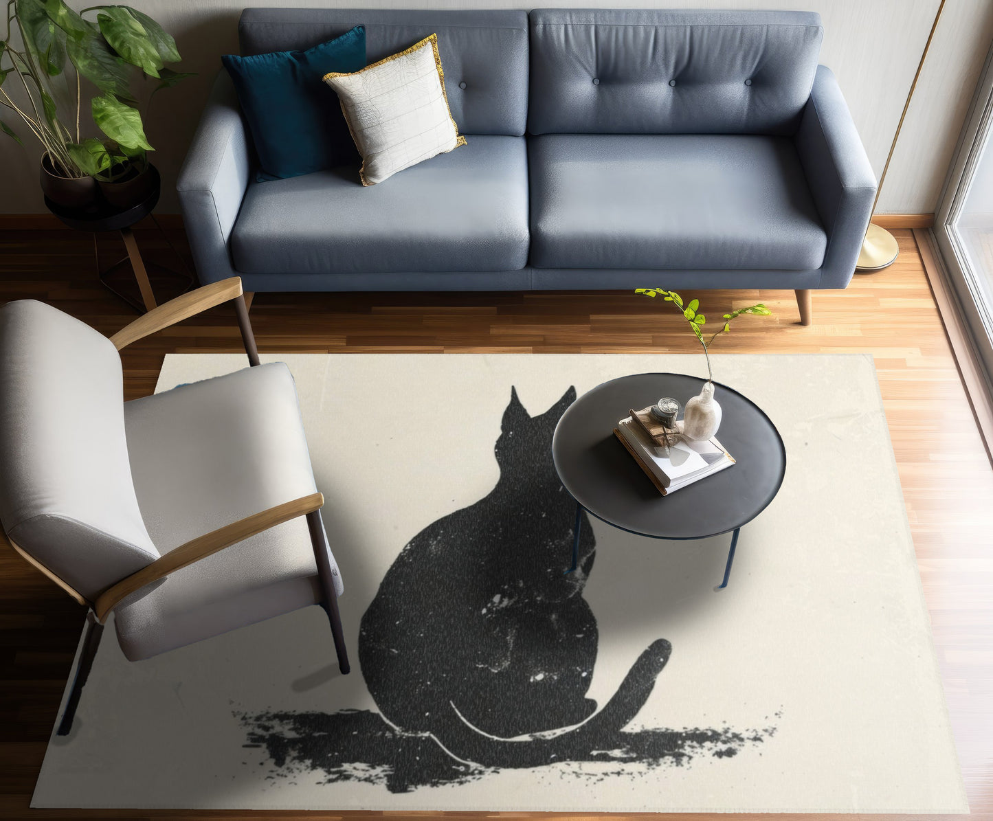 Silhouette Cat Chenille Area Rug, Modern Minimalist Feline Art, Chic Monochrome Pet Decor for Bedroom, Dorm Room, and Cozy Living Areas