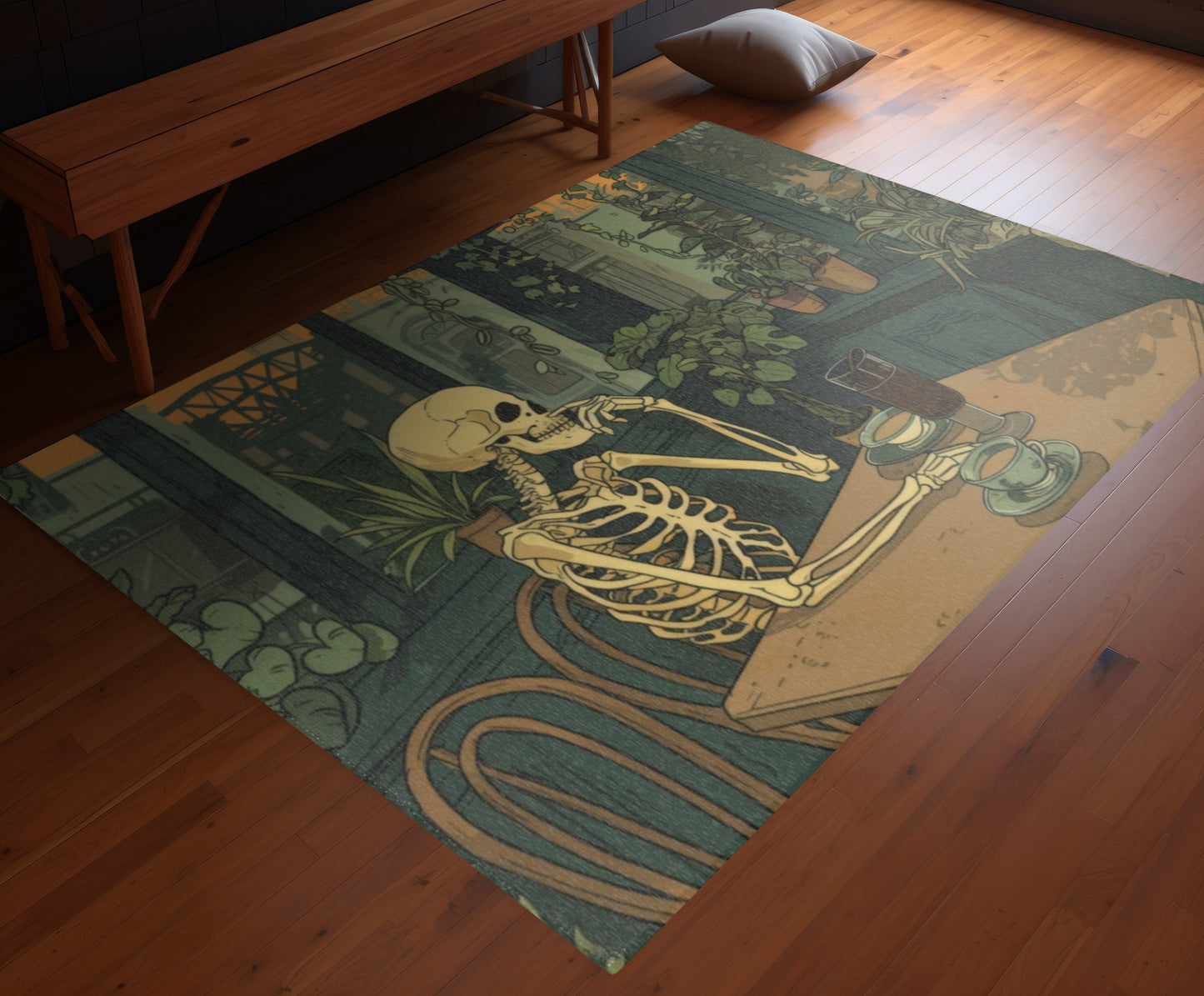 Skeleton Drinking Coffee in Paris Cafe Chenille Area Rug (3 Sizes), Cottagecore Design, Cozy Romantic Aesthetic Bedroom, Living, and Dorm Room Decor