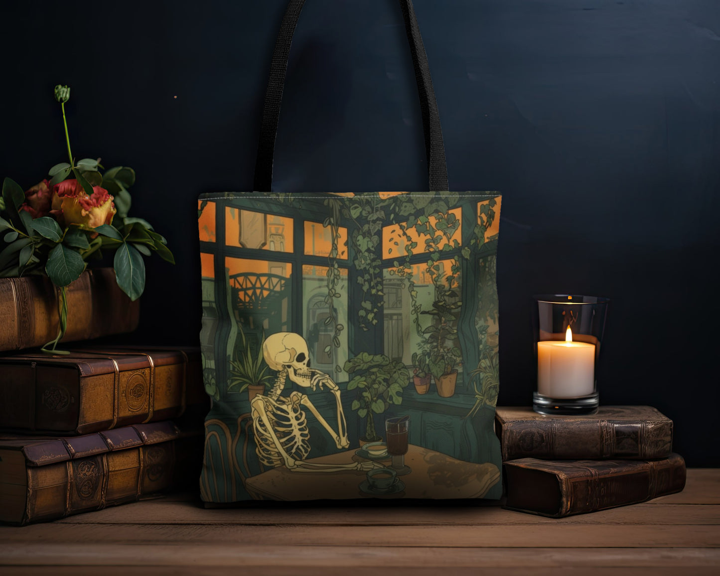 Skeleton Drinking Coffee in Paris Cafe Polyester Tote Bag (Double Sided), Cottagecore Design, Cozy Romantic Style Fashion, 3 Sizes, Black Handles