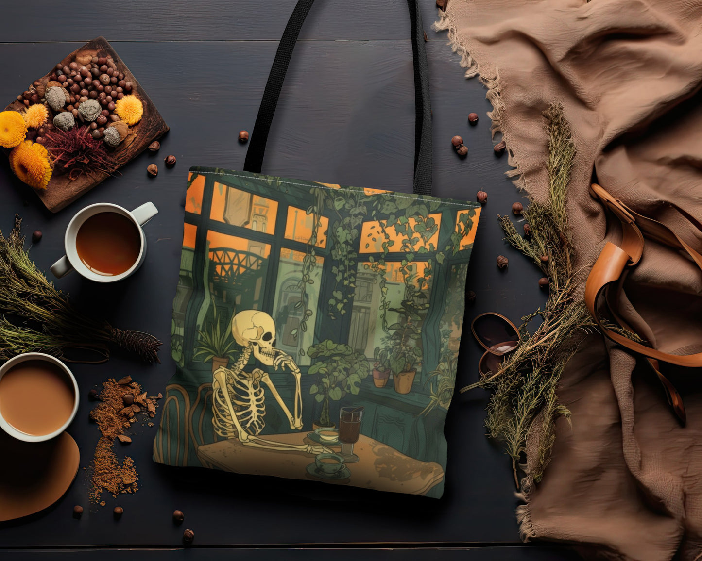 Skeleton Drinking Coffee in Paris Cafe Polyester Tote Bag (Double Sided), Cottagecore Design, Cozy Romantic Style Fashion, 3 Sizes, Black Handles