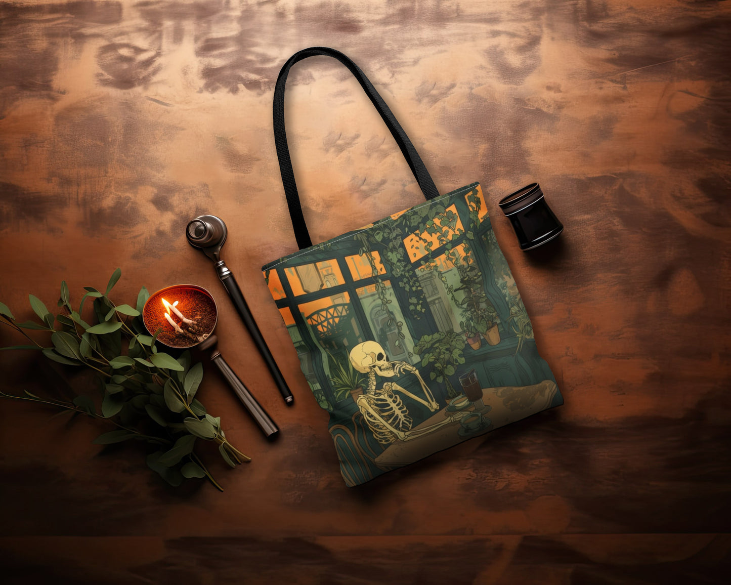 Skeleton Drinking Coffee in Paris Cafe Polyester Tote Bag (Double Sided), Cottagecore Design, Cozy Romantic Style Fashion, 3 Sizes, Black Handles