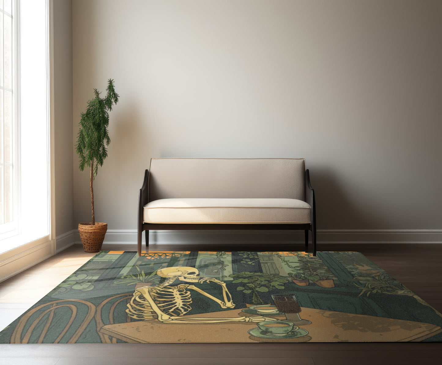 Skeleton Drinking Coffee in Paris Cafe Chenille Area Rug (3 Sizes), Cottagecore Design, Cozy Romantic Aesthetic Bedroom, Living, and Dorm Room Decor