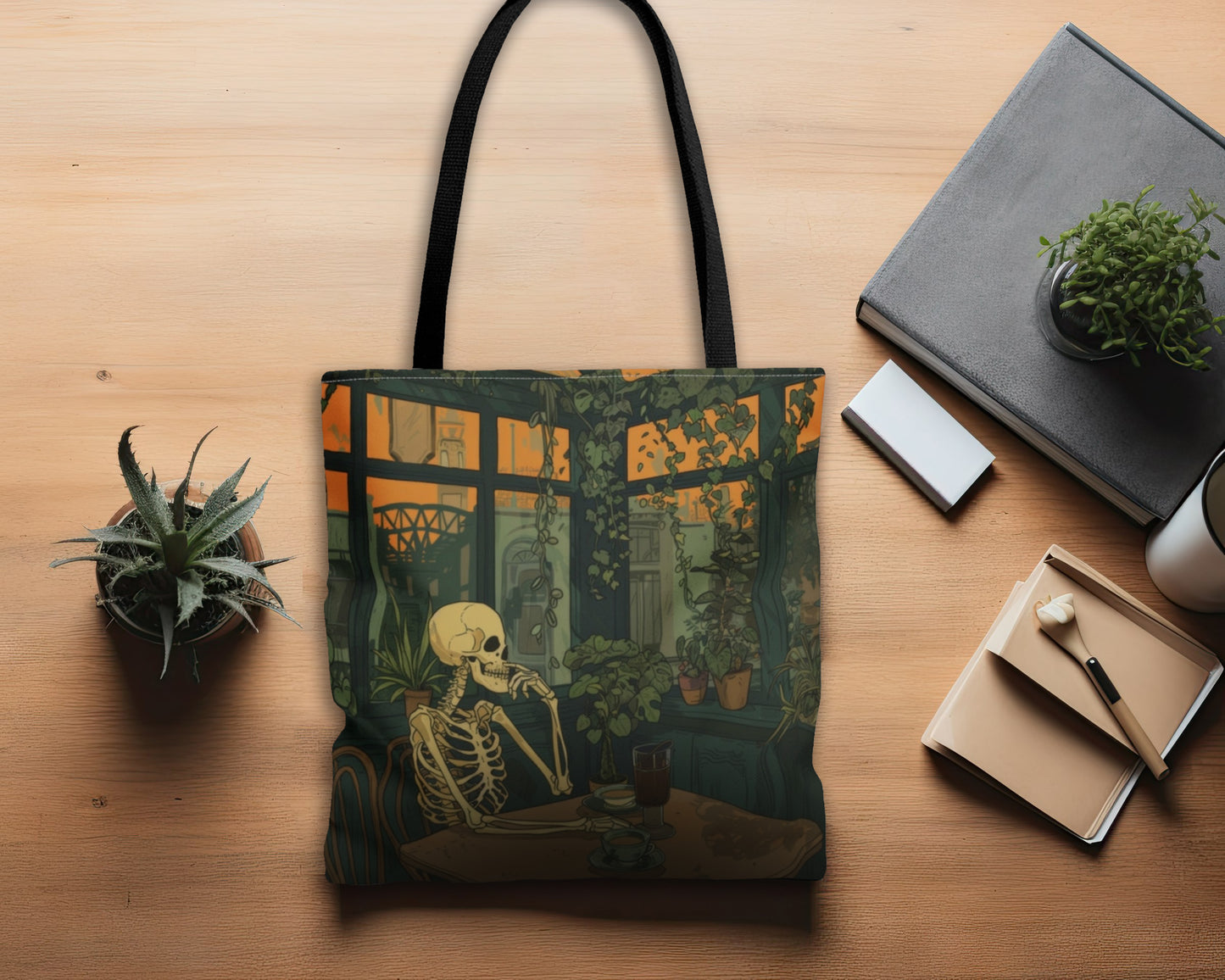 Skeleton Drinking Coffee in Paris Cafe Polyester Tote Bag (Double Sided), Cottagecore Design, Cozy Romantic Style Fashion, 3 Sizes, Black Handles