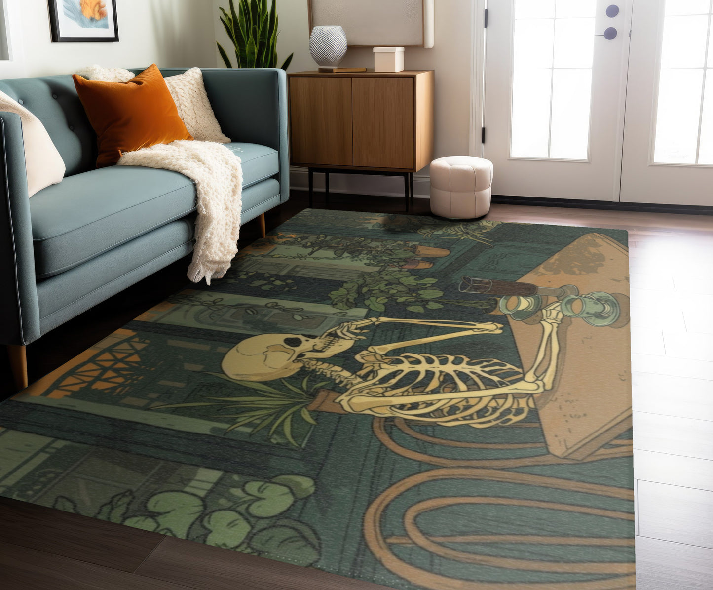 Skeleton Drinking Coffee in Paris Cafe Chenille Area Rug (3 Sizes), Cottagecore Design, Cozy Romantic Aesthetic Bedroom, Living, and Dorm Room Decor