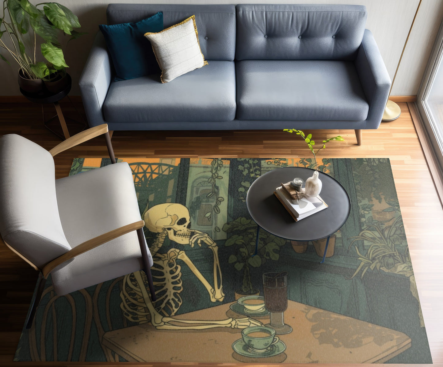 Skeleton Drinking Coffee in Paris Cafe Chenille Area Rug (3 Sizes), Cottagecore Design, Cozy Romantic Aesthetic Bedroom, Living, and Dorm Room Decor