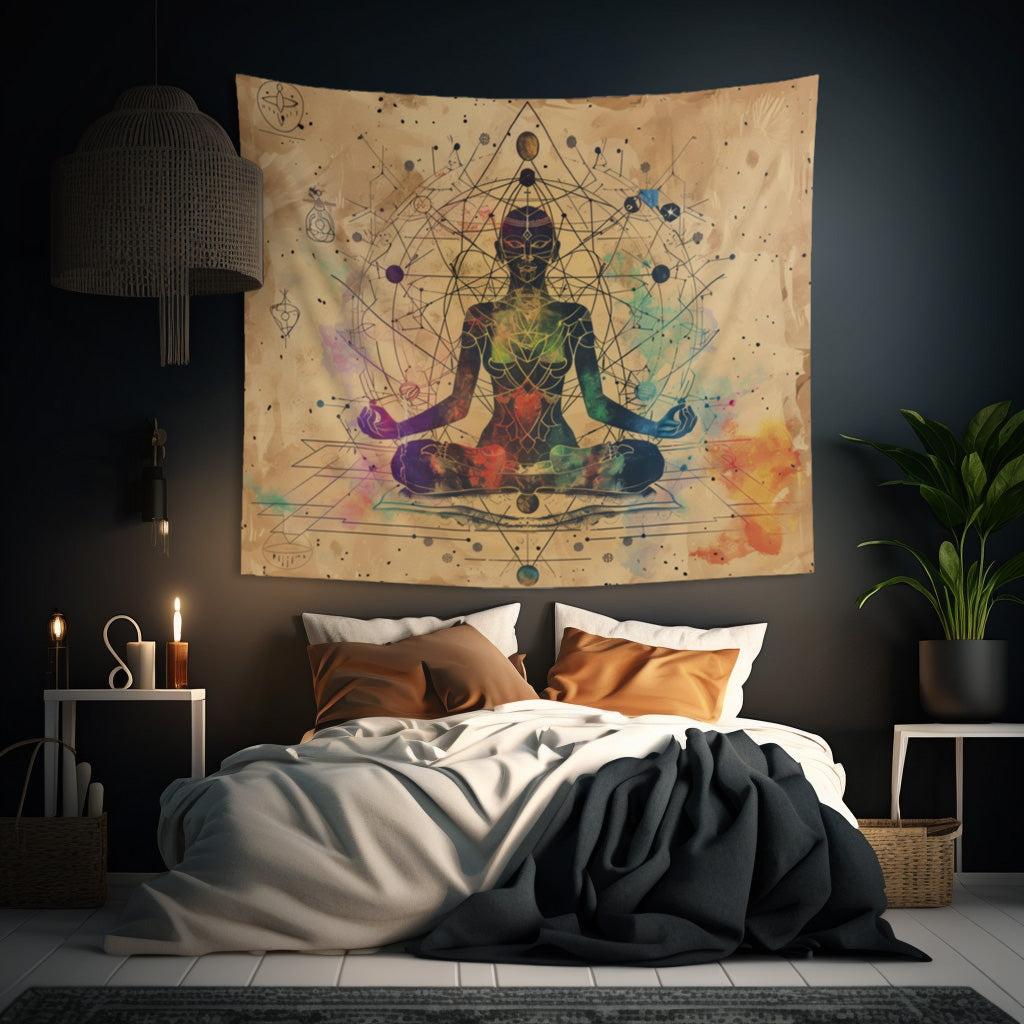 Cosmic Ether Goddess Indoor Wall Tapestry, Mysterious Occult Design, Sacred Geometry Aesthetic Enchanting Bedroom, Living, and Dorm Room Decor