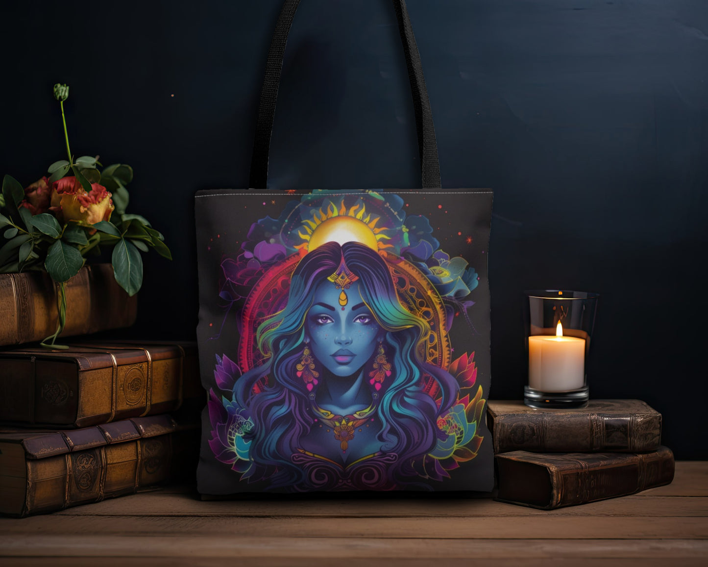 Cosmic Goddess Polyester Tote Bag (Double Sided), Electric Mandala Aesthetic, Galactic Neon Style Fashion, 3 Sizes, Black Handles
