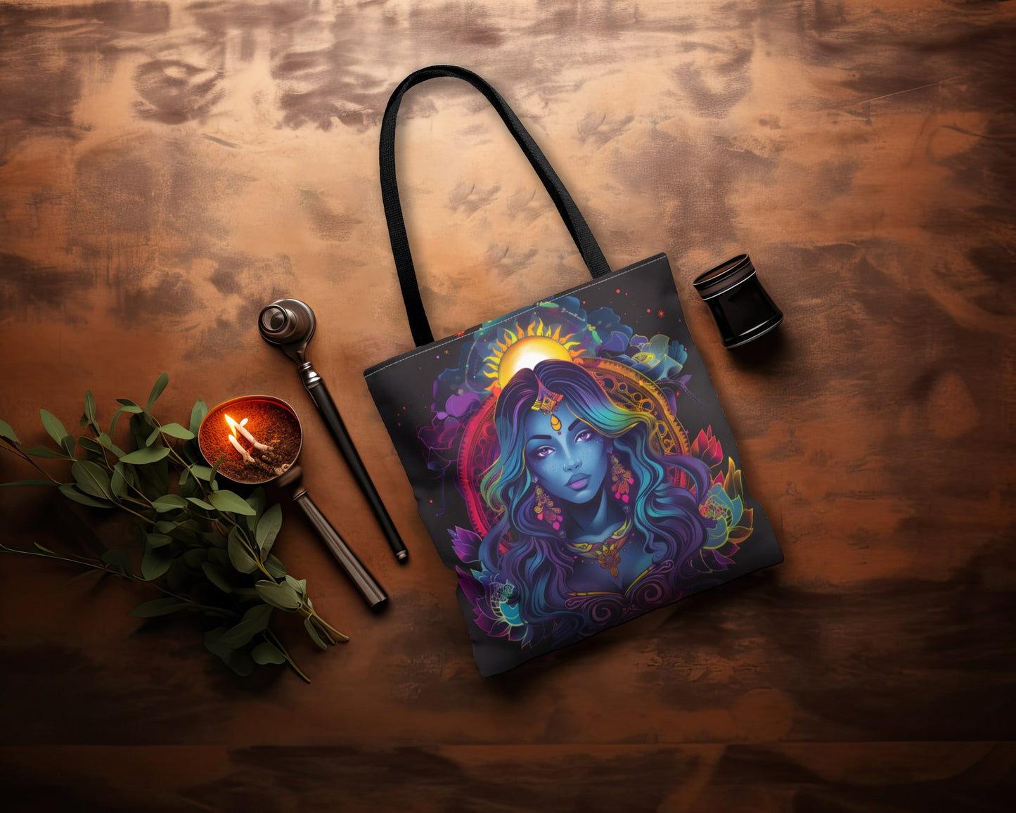 Cosmic Goddess Polyester Tote Bag (Double Sided), Electric Mandala Aesthetic, Galactic Neon Style Fashion, 3 Sizes, Black Handles