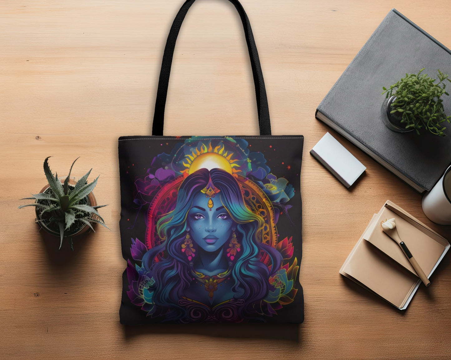 Cosmic Goddess Polyester Tote Bag (Double Sided), Electric Mandala Aesthetic, Galactic Neon Style Fashion, 3 Sizes, Black Handles