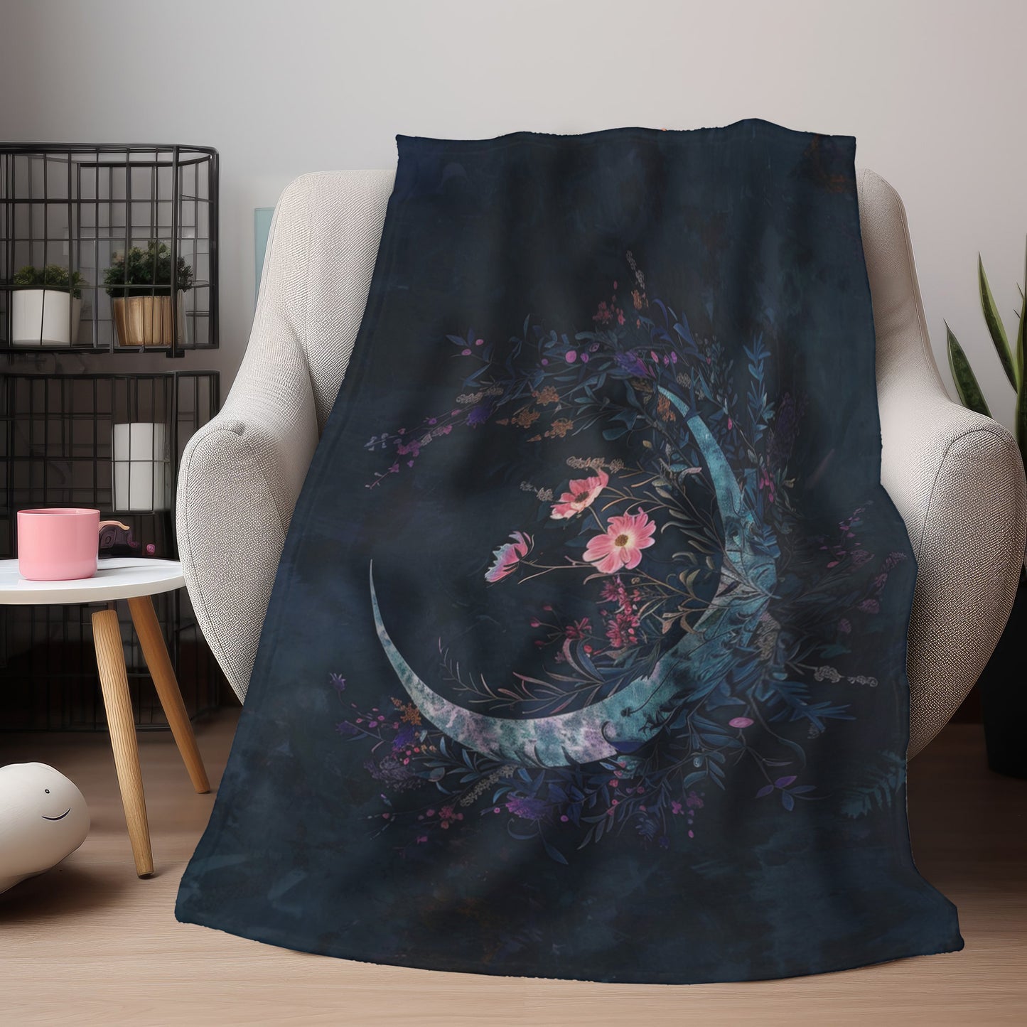 Crescent Moon & Wildflowers 2-Sided Throw Blanket, Witchy Occult Design, Moon Lover Gift, Enchanting Aesthetic Bedroom and Living Room Decor