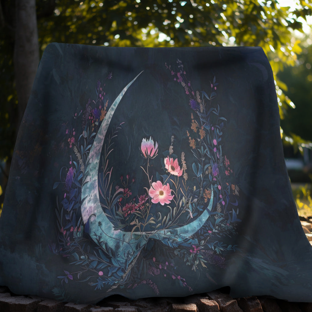 Crescent Moon & Wildflowers 2-Sided Throw Blanket, Witchy Occult Design, Moon Lover Gift, Enchanting Aesthetic Bedroom and Living Room Decor