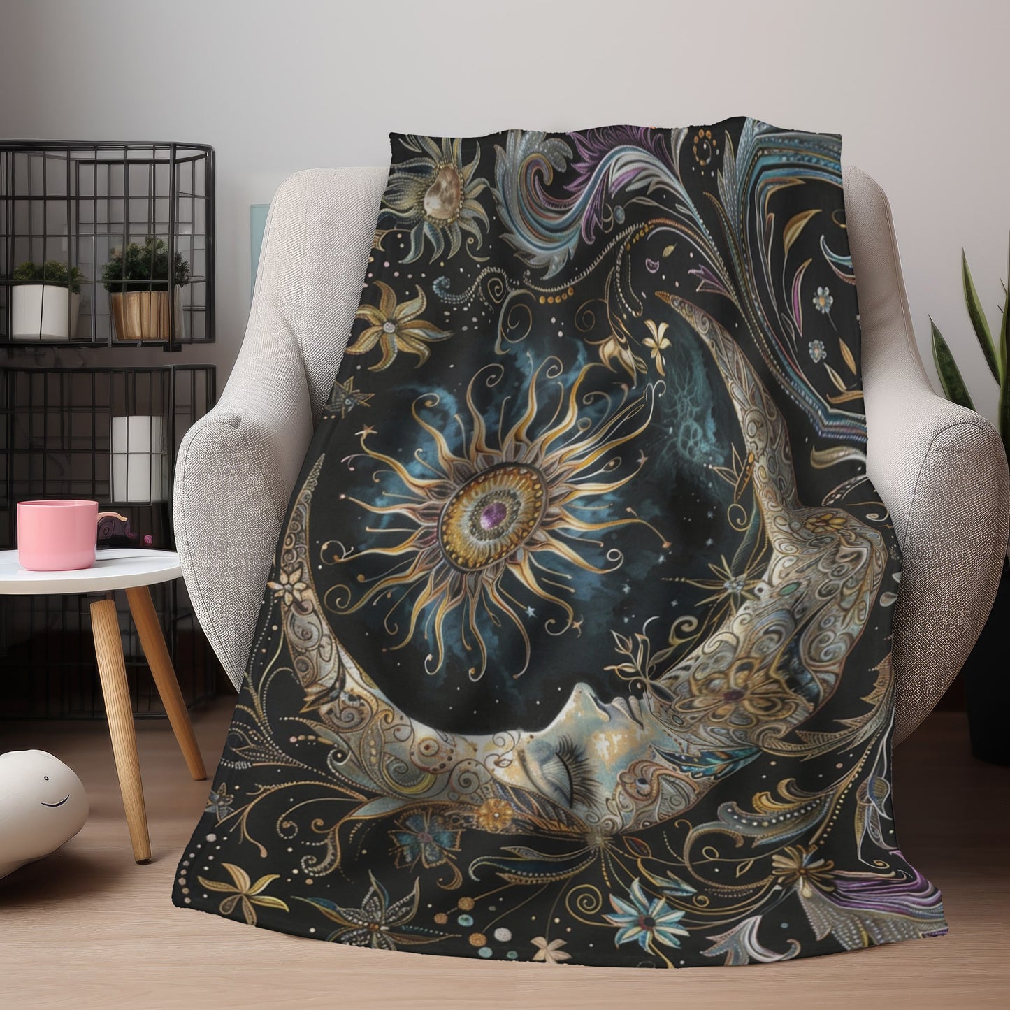Crescent Moon & Sun Double Sided Throw Blanket, Folk Design, Art Nouveau Aesthetic, Mystical Magical Bedroom, Living, and Dorm Room Decor
