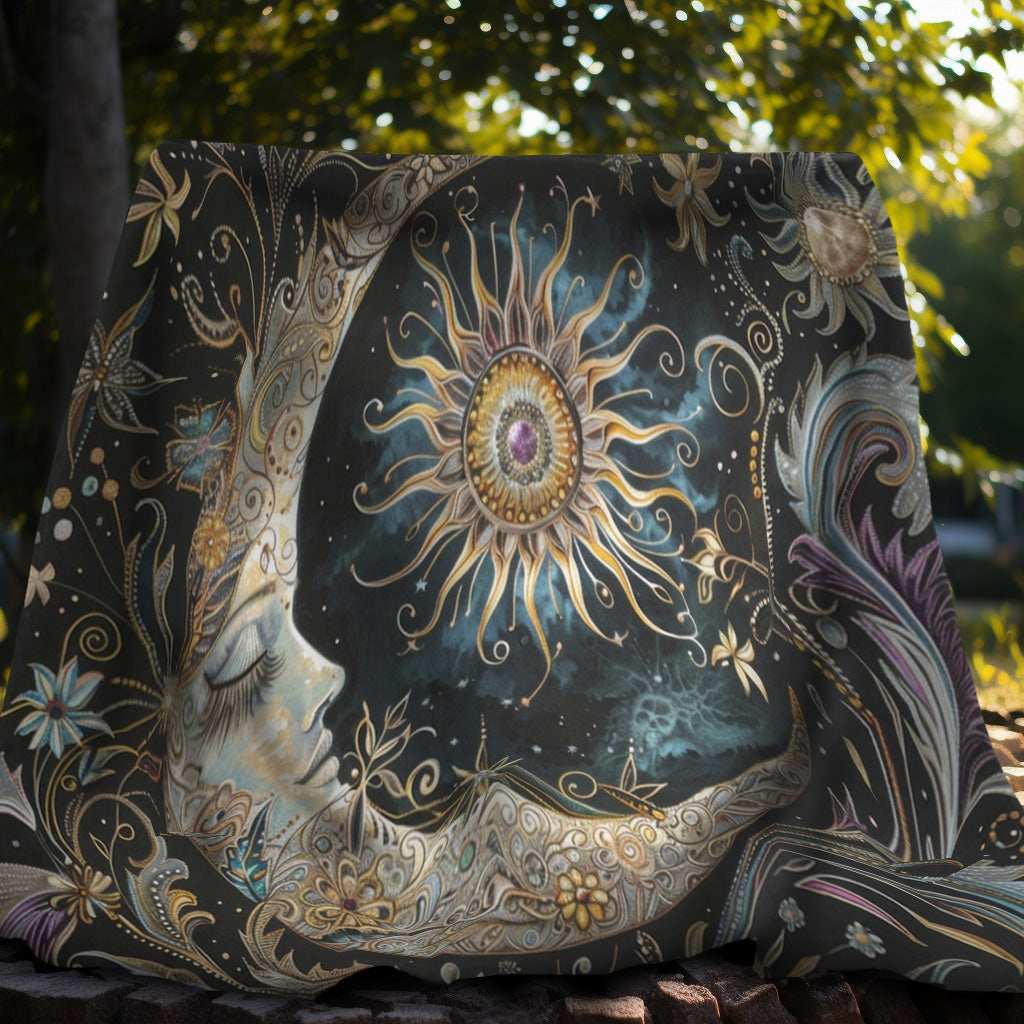 Crescent Moon & Sun Double Sided Throw Blanket, Folk Design, Art Nouveau Aesthetic, Mystical Magical Bedroom, Living, and Dorm Room Decor