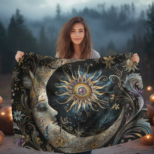 Crescent Moon & Sun Double Sided Throw Blanket, Folk Design, Art Nouveau Aesthetic, Mystical Magical Bedroom, Living, and Dorm Room Decor