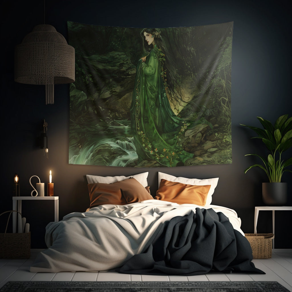 Danu’s Enchanted Forest Wall Tapestry, Celtic Mother Goddess Verdure, Mystical Woodland Scene, Enthralling Home Decor