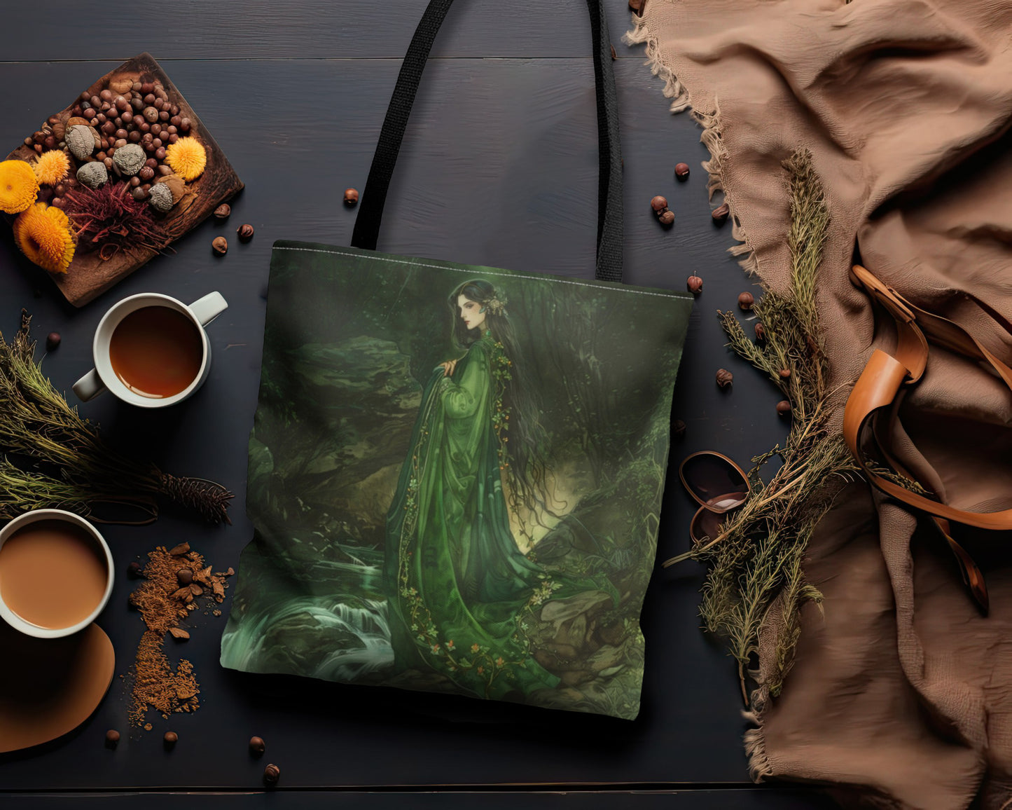 Danu’s Enchanted Forest Tote Bag, Dual-Sided Celtic Mother Goddess Design, Verdant Elegance, Mystical Carryall