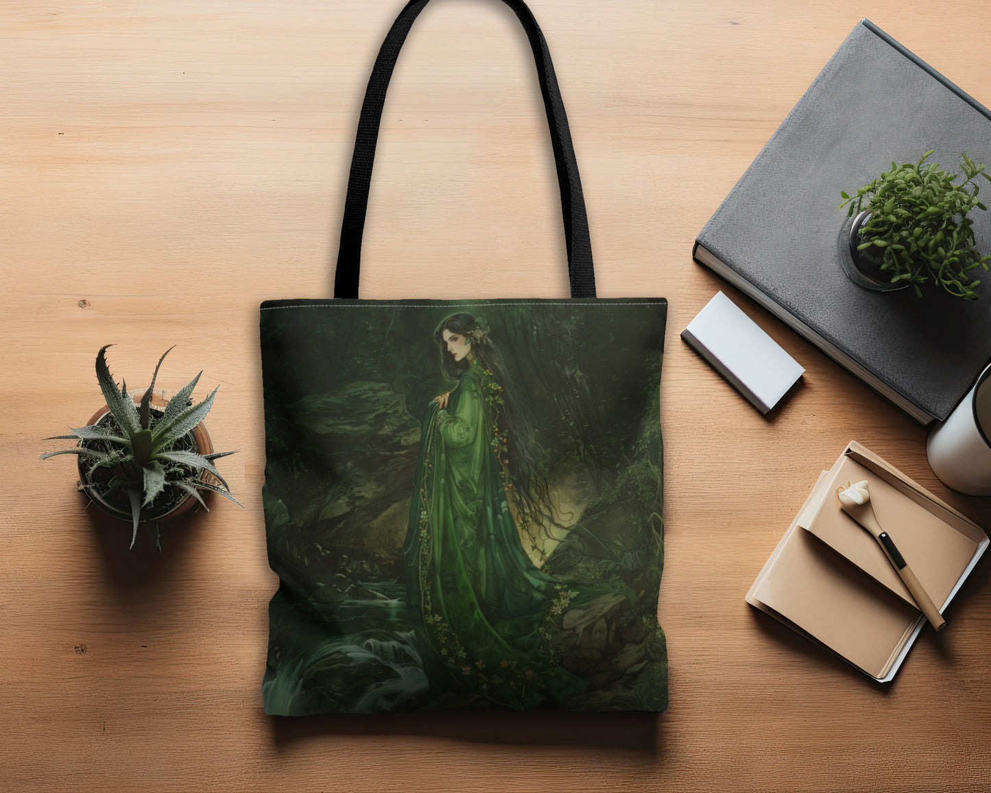 Danu’s Enchanted Forest Tote Bag, Dual-Sided Celtic Mother Goddess Design, Verdant Elegance, Mystical Carryall