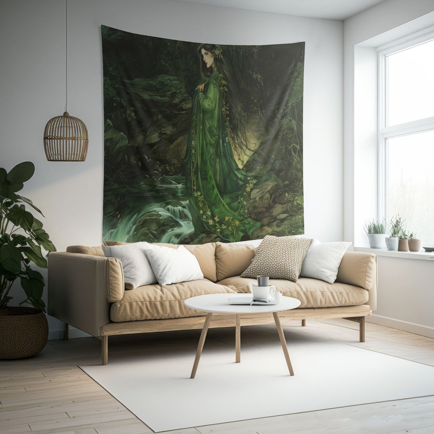 Danu’s Enchanted Forest Wall Tapestry, Celtic Mother Goddess Verdure, Mystical Woodland Scene, Enthralling Home Decor