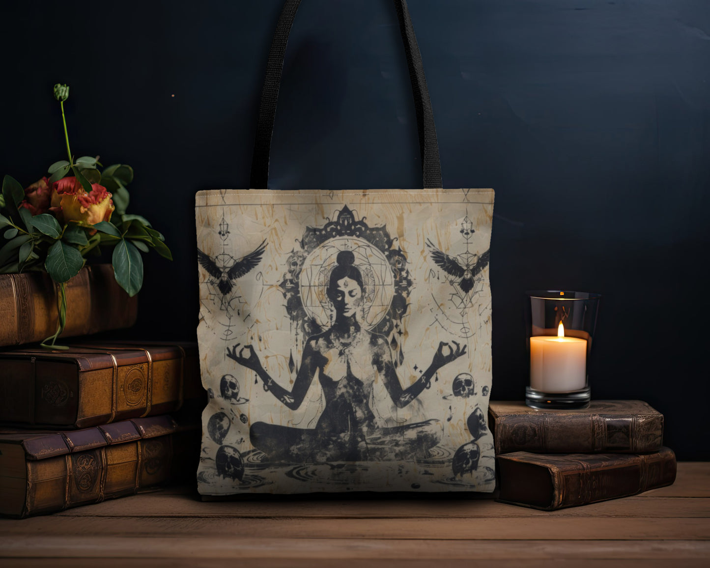Death Goddess Polyester Tote Bag (Double Sided), Zen Nature Aesthetic, Sacred Geometry Style Fashion, 3 Sizes, Black Handles