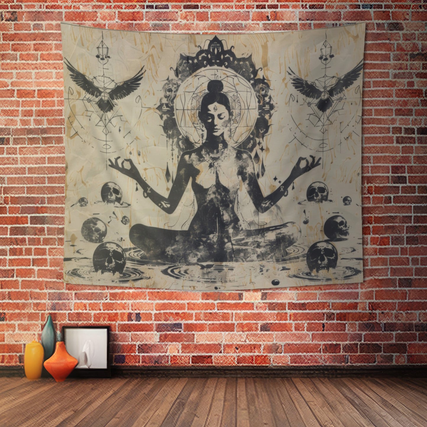 Death Goddess Indoor Wall Tapestry, Mysterious Occult Design, Sacred Geometry Aesthetic Enchanting Bedroom, Living, and Dorm Room Decor