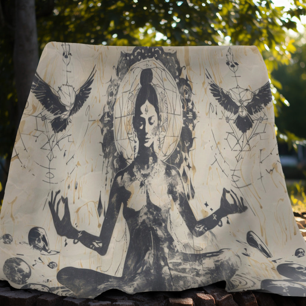 Death Goddess Two-Sided Throw Blanket, Mystical Occult Design, Sacred Geometry Aesthetic, Enchanting Bedroom and Living Room Decor