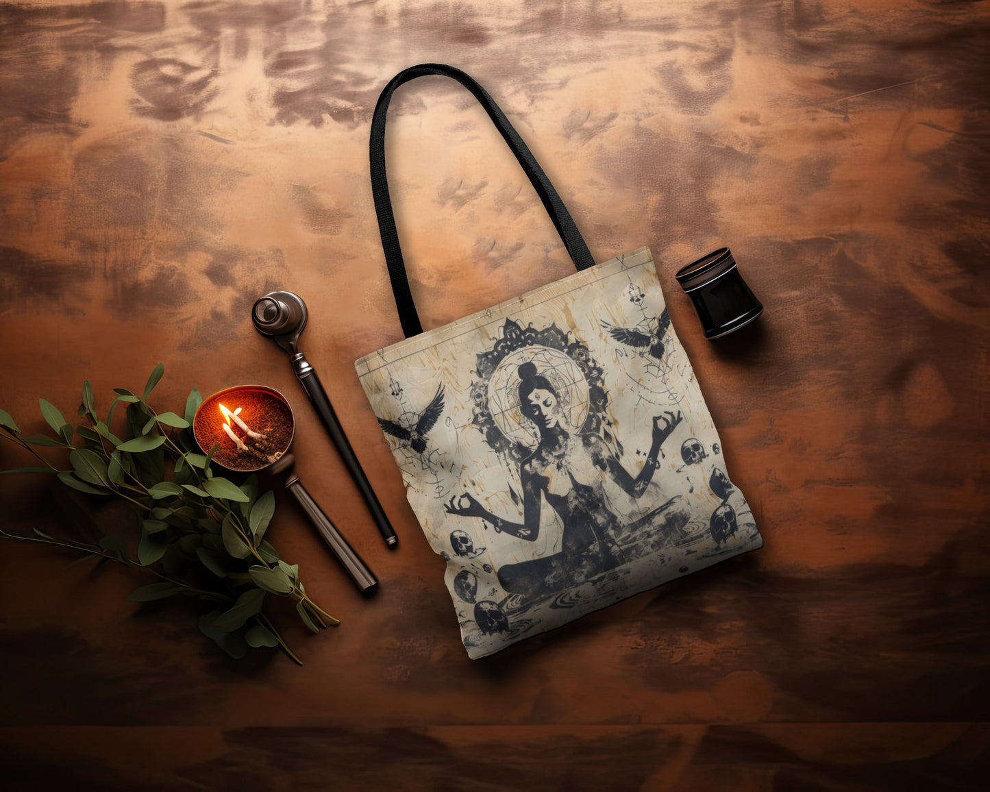Death Goddess Polyester Tote Bag (Double Sided), Zen Nature Aesthetic, Sacred Geometry Style Fashion, 3 Sizes, Black Handles