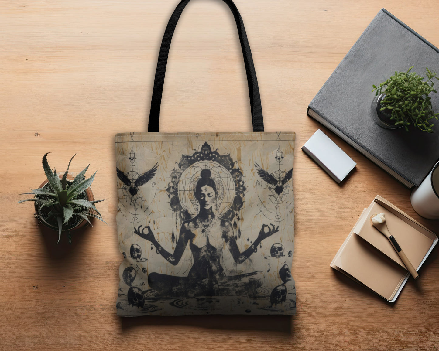 Death Goddess Polyester Tote Bag (Double Sided), Zen Nature Aesthetic, Sacred Geometry Style Fashion, 3 Sizes, Black Handles