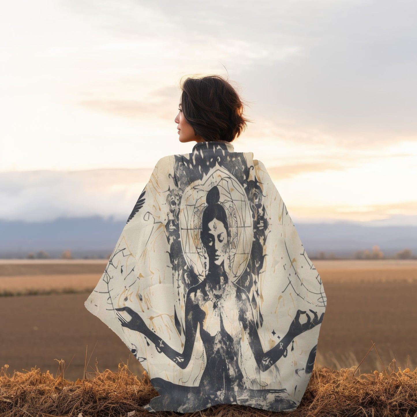 Death Goddess Two-Sided Throw Blanket, Mystical Occult Design, Sacred Geometry Aesthetic, Enchanting Bedroom and Living Room Decor