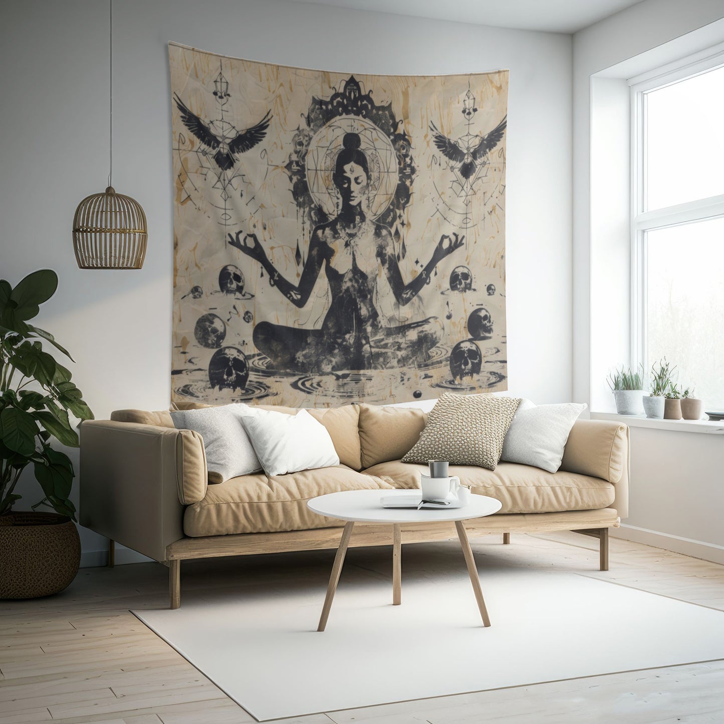 Death Goddess Indoor Wall Tapestry, Mysterious Occult Design, Sacred Geometry Aesthetic Enchanting Bedroom, Living, and Dorm Room Decor