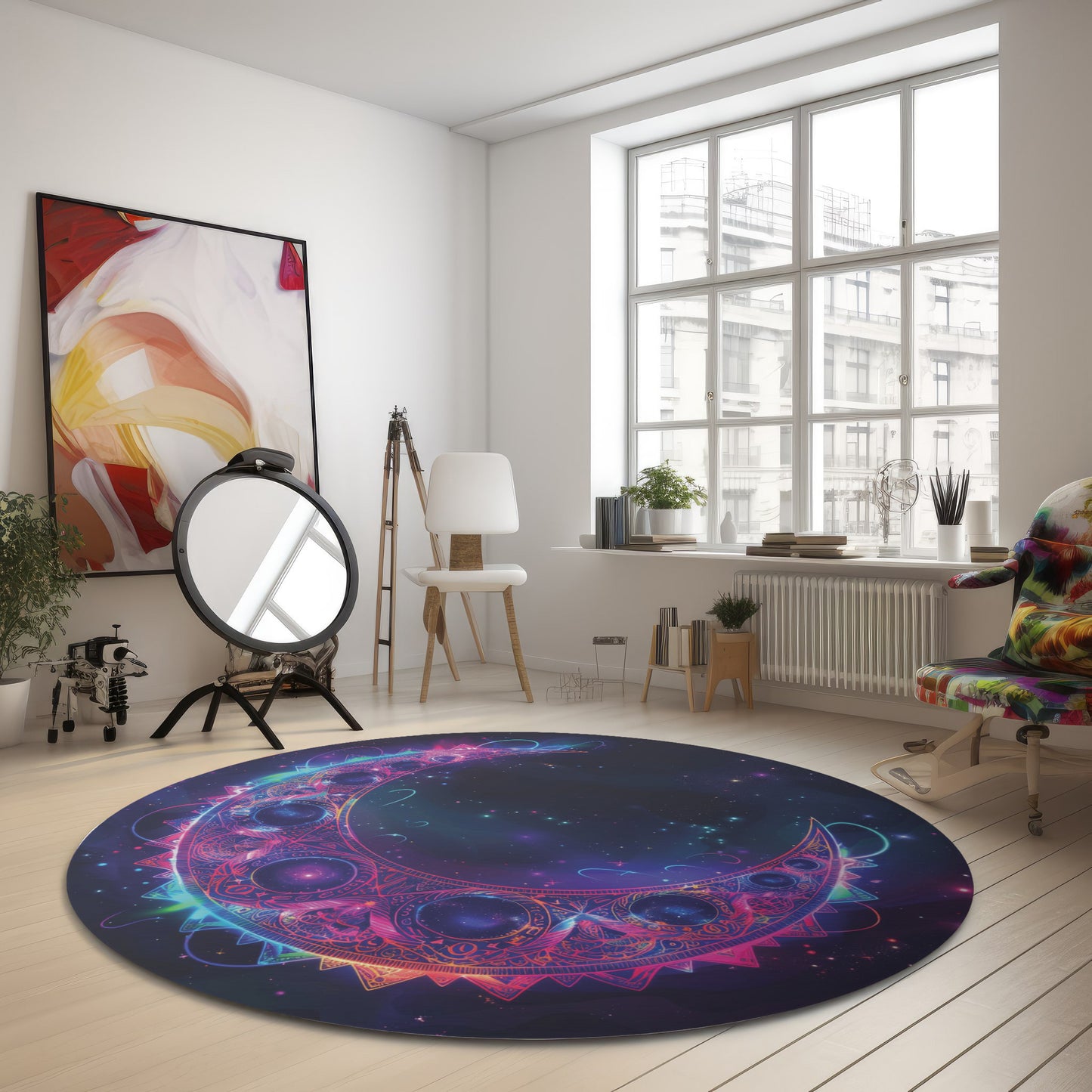 Electric Crescent Moon Chenille Round Area Rug, Vibrant Neon Glowing Lunar Aesthetic for Home
