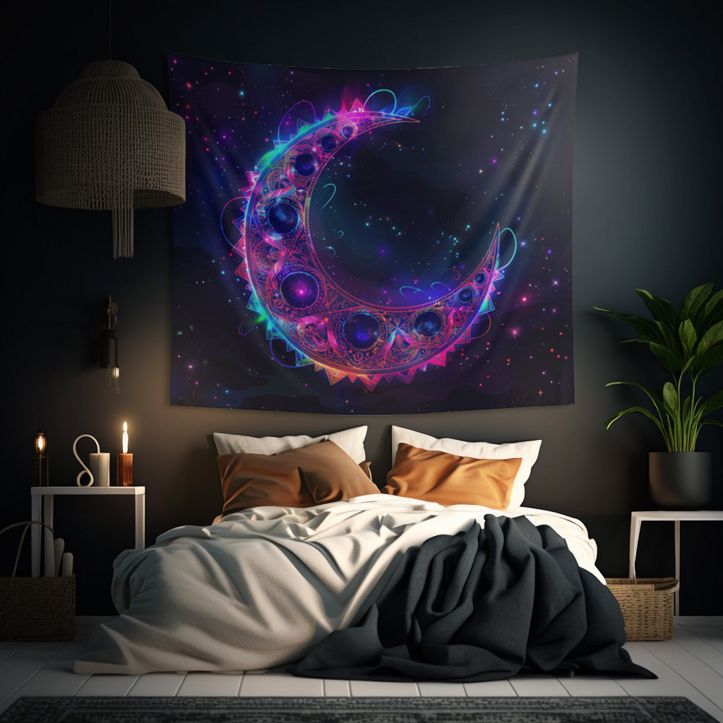 Vibrant Crescent Moon & Electric Mandala Wall Tapestry – Cosmic Harmony Decor for Home & Dorm