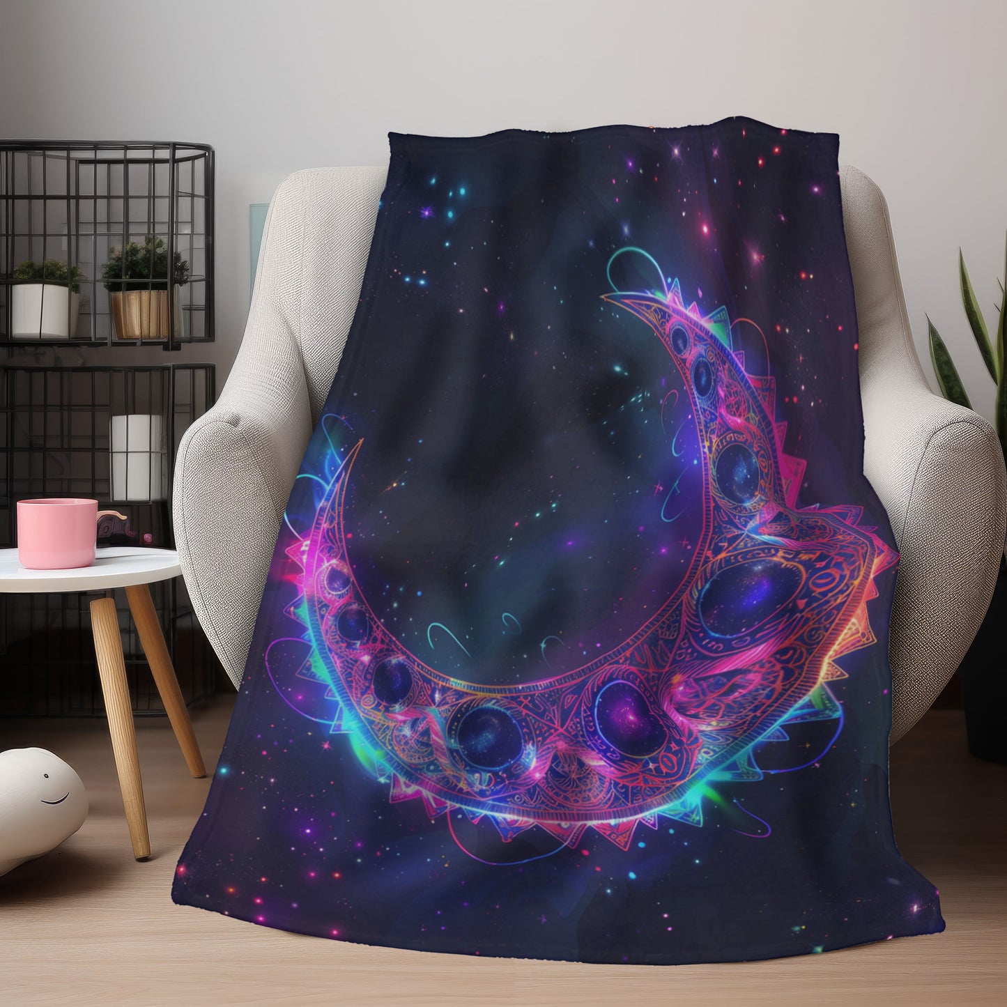 Lunar Phase Electric Mandala Reversible Throw Blanket, Magical Occult Motif, Moon Enthusiast Gift, Spellbinding Decor for Bedrooms and Living Spaces