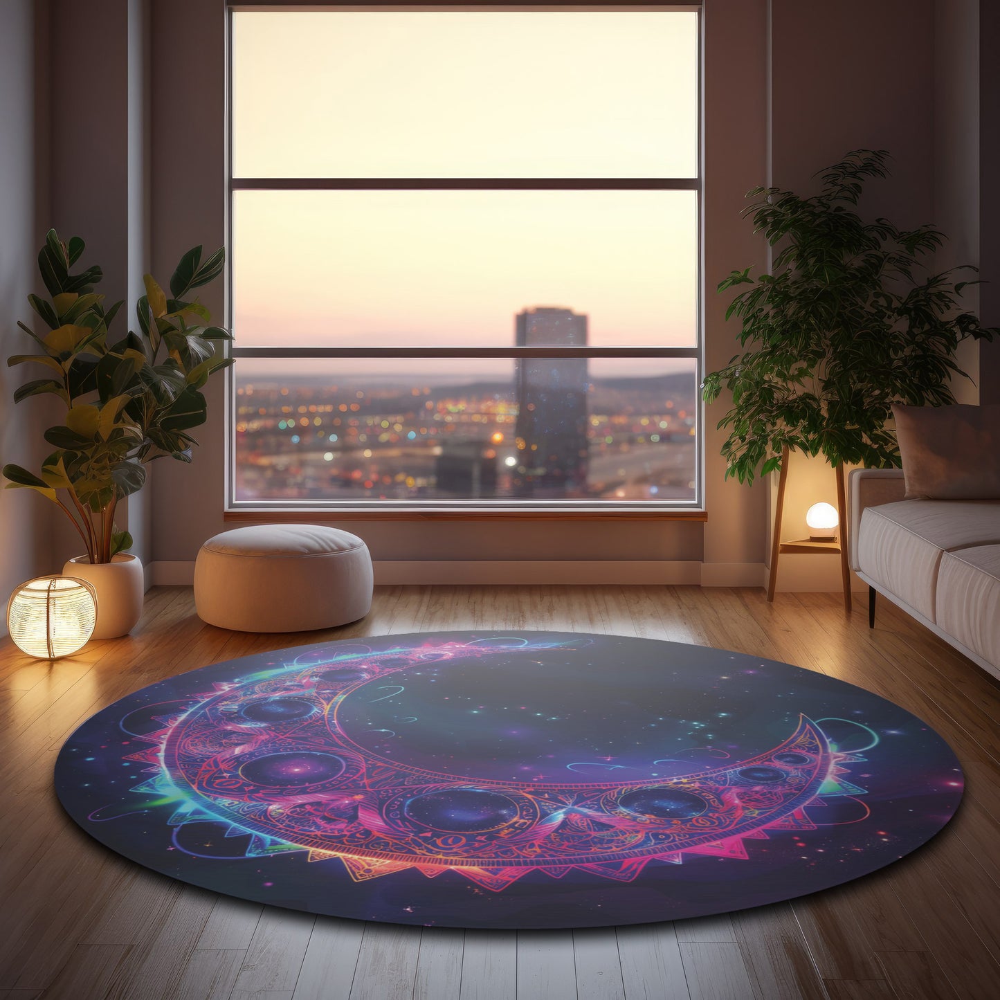 Electric Crescent Moon Chenille Round Area Rug, Vibrant Neon Glowing Lunar Aesthetic for Home