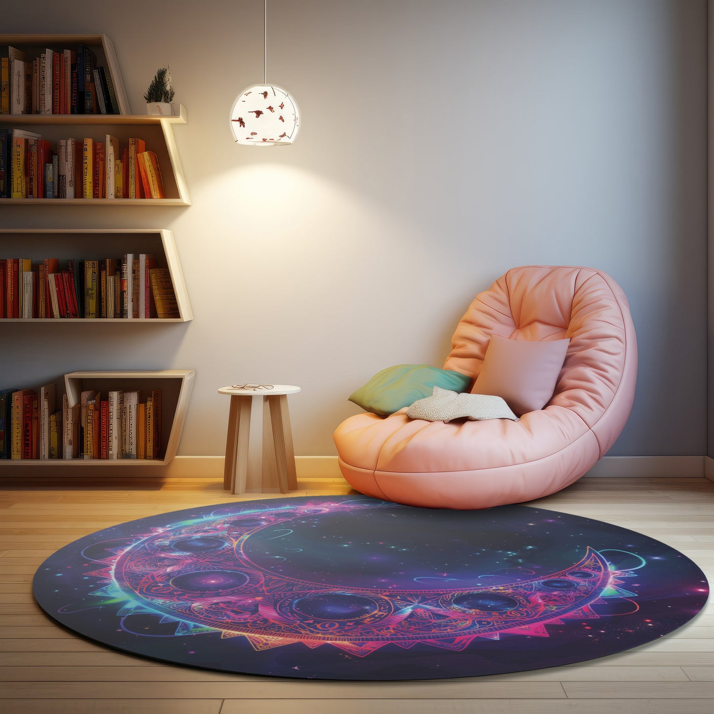 Electric Crescent Moon Chenille Round Area Rug, Vibrant Neon Glowing Lunar Aesthetic for Home