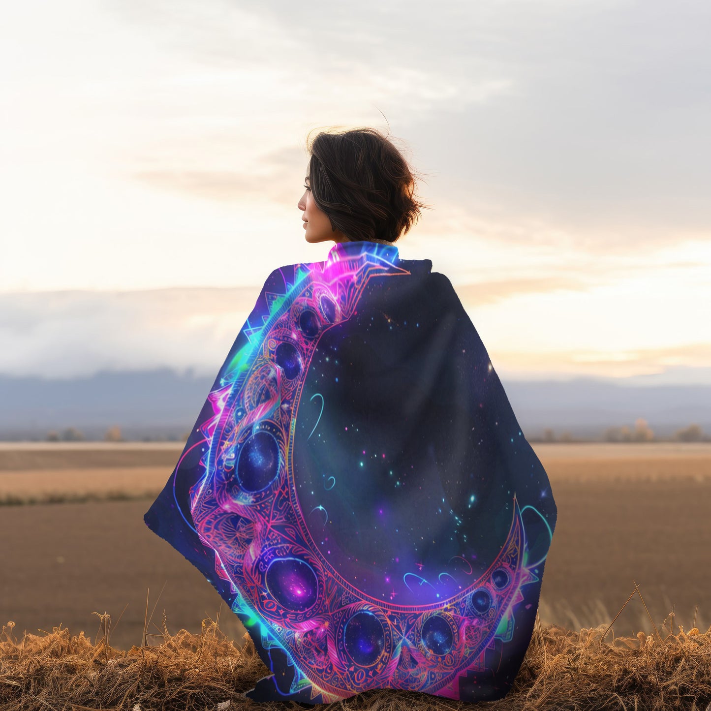 Lunar Phase Electric Mandala Reversible Throw Blanket, Magical Occult Motif, Moon Enthusiast Gift, Spellbinding Decor for Bedrooms and Living Spaces