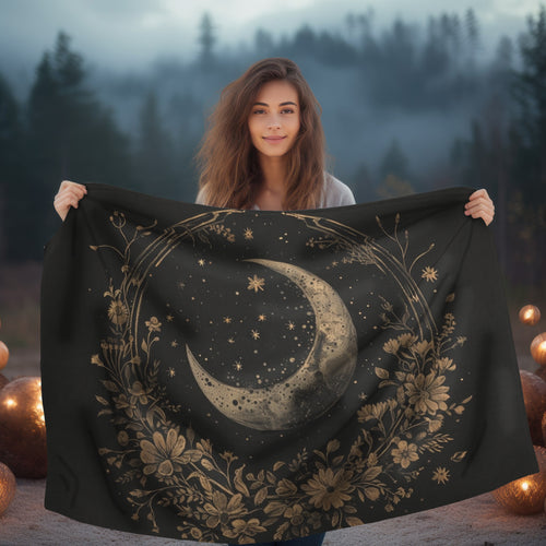 Faded Crescent Moon & Wildflower Mandala Double Sided Throw Blanket, Dark Cottagecore Design, Witchy Lunar Lover Room Home Decor