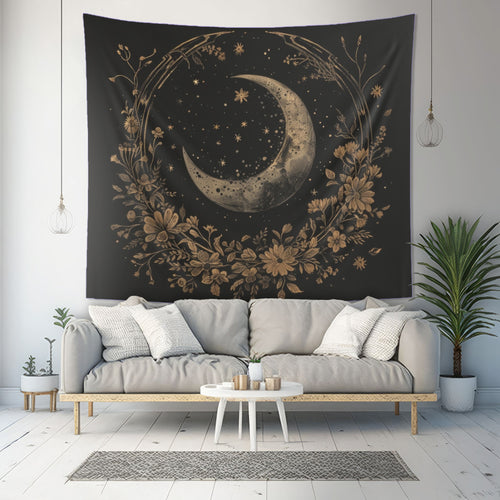 Faded Crescent Moon & Wildflower Mandala Indoor Wall Tapestry, Dark Cottagecore Design Witchy Aesthetic Bedroom, Living, and Dorm Room Decor