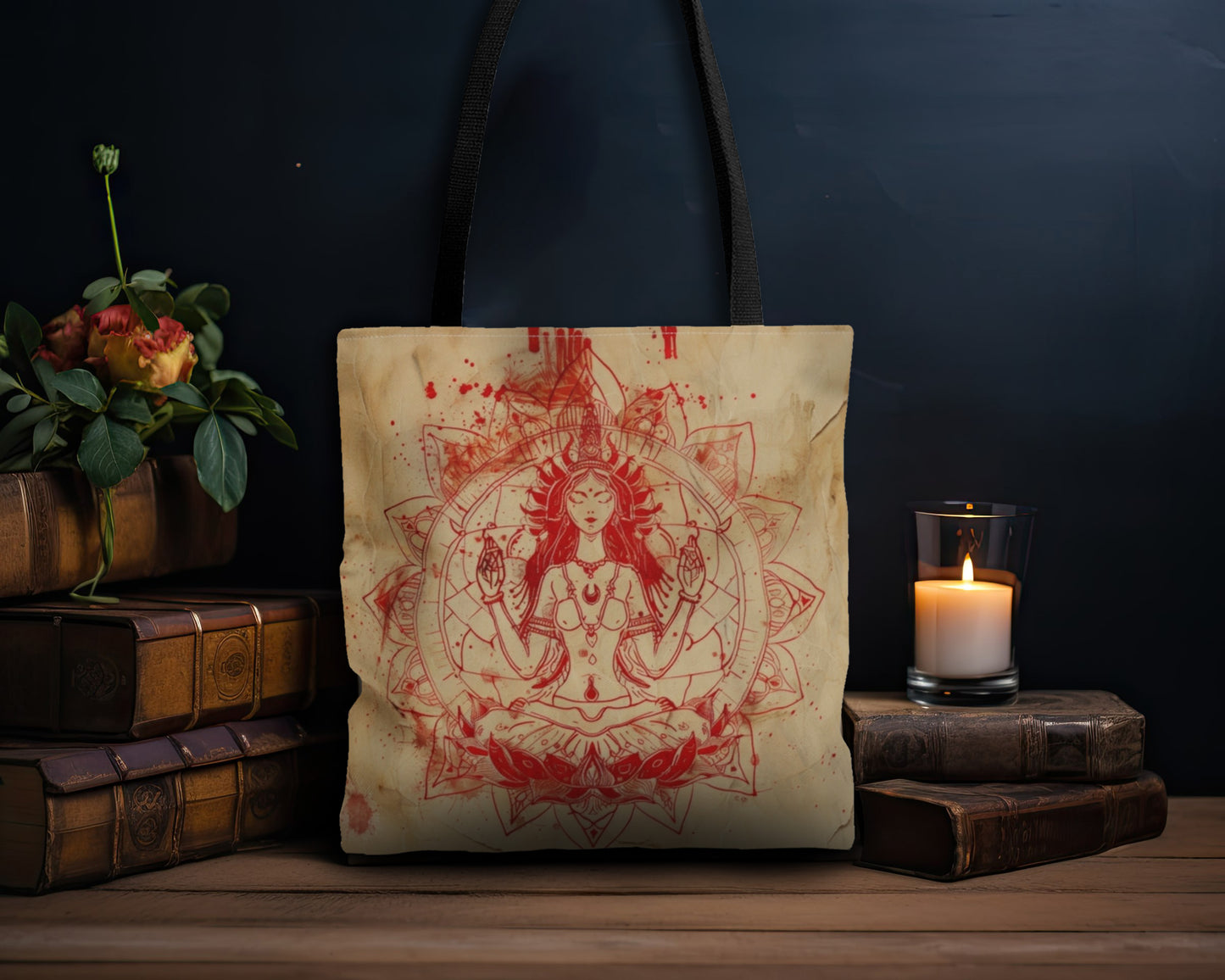 Fire Goddess Polyester Tote Bag (Double Sided), Zen Nature Aesthetic, Sacred Geometry Style Fashion, 3 Sizes, Black Handles