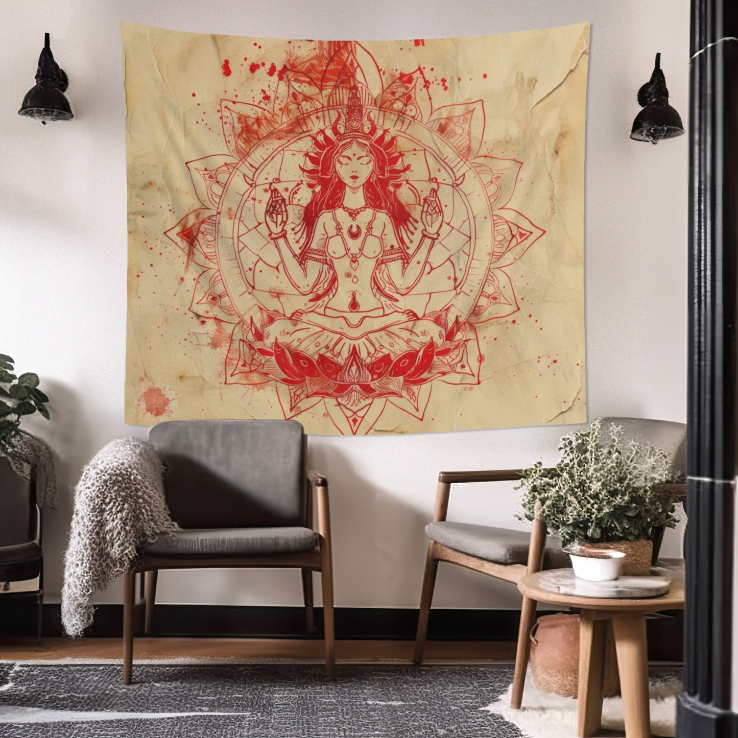 Fire Goddess Indoor Wall Tapestry, Mysterious Occult Design, Sacred Geometry Aesthetic Enchanting Bedroom, Living, and Dorm Room Decor