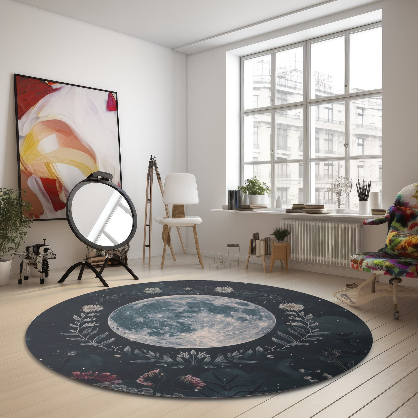 Full Moon & Wildflower Mandala Chenille Rug – Occult-Inspired Decor for Living Room, Bedroom, and Meditation Spaces