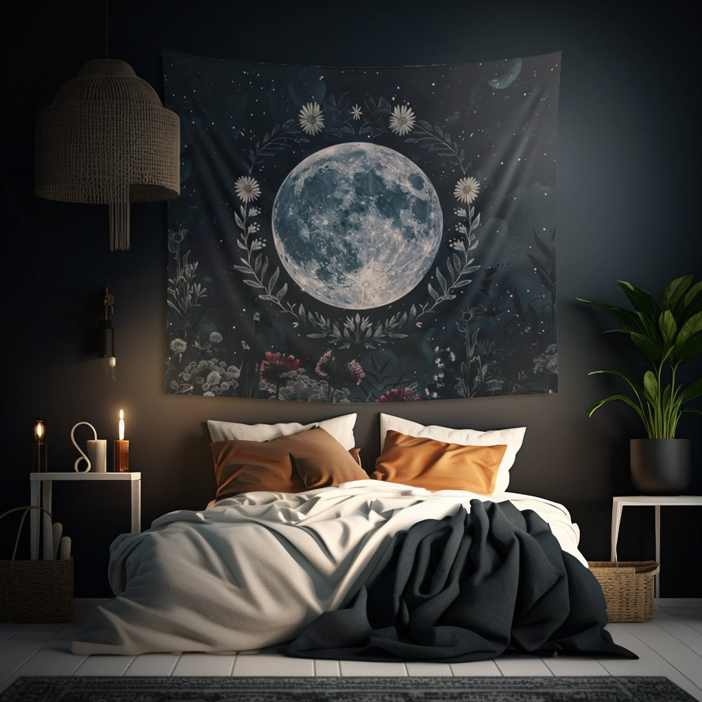 Full Moon & Wildflower Indoor Wall Tapestry, Dark Cottagecore Design, Lunar Lover Gift, Enchanting Decor