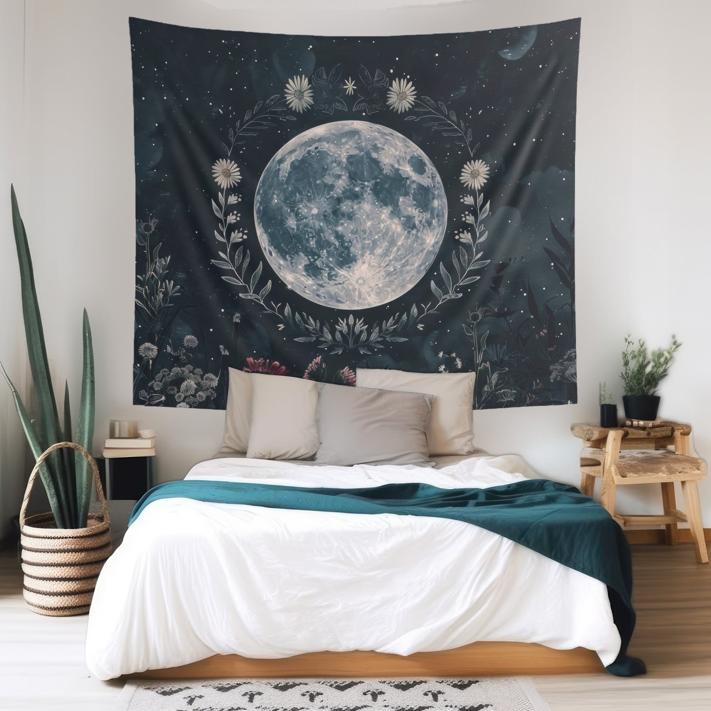 Full Moon & Wildflower Indoor Wall Tapestry, Dark Cottagecore Design, Lunar Lover Gift, Enchanting Decor