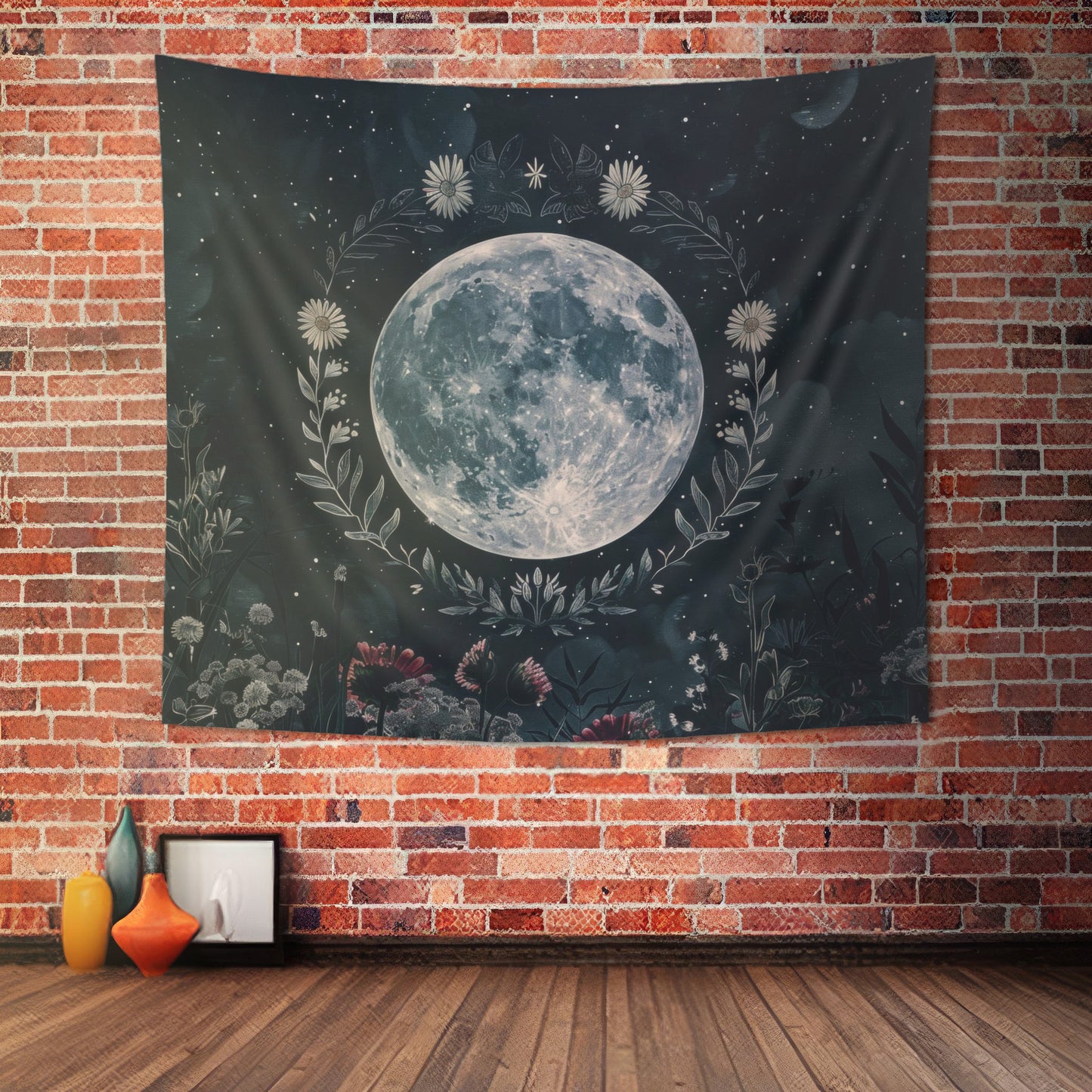 Full Moon & Wildflower Indoor Wall Tapestry, Dark Cottagecore Design, Lunar Lover Gift, Enchanting Decor